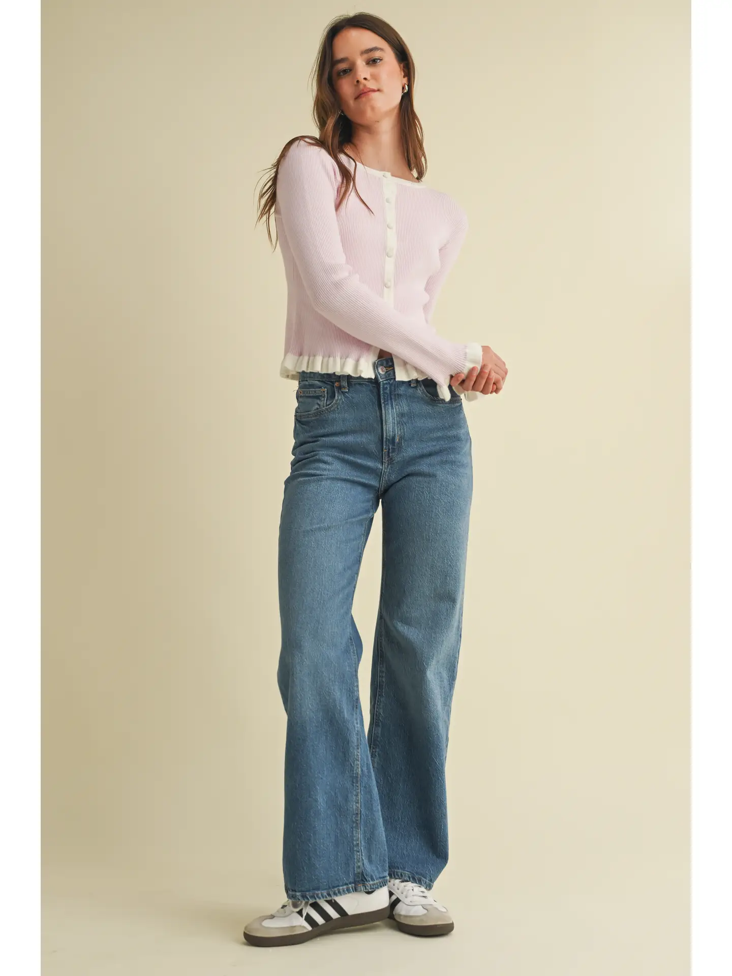 Ribbed Cardigan with Ruffled Trim Color Contrast
