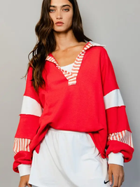 French Terry Knit Color-Block Collared Loose Fit Top