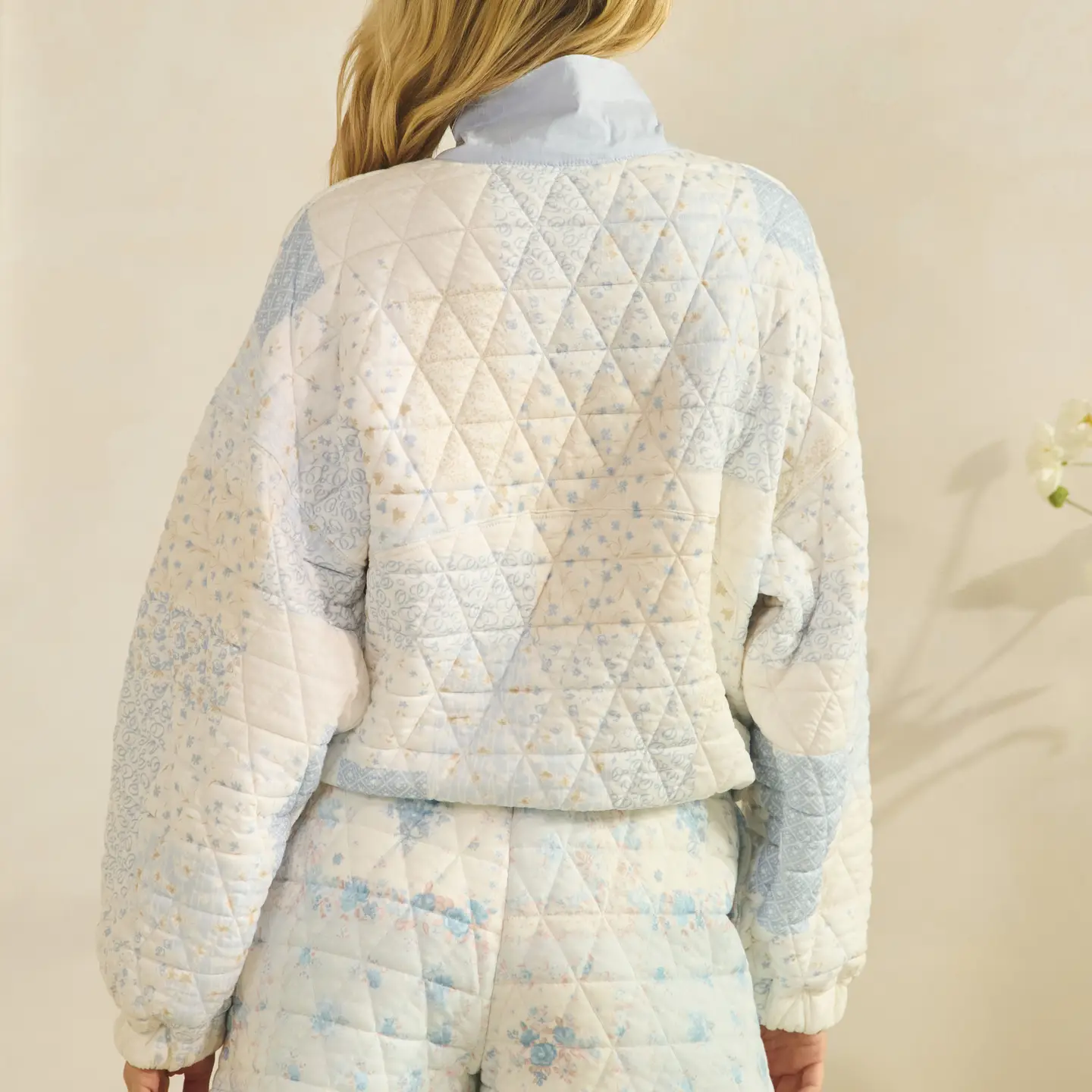 Textured Contrast Printed Quarterzip | Blue Combo