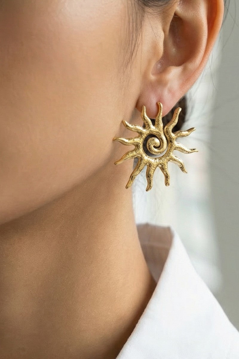Gold Dipped Spiral Sun Large Stud Earrings