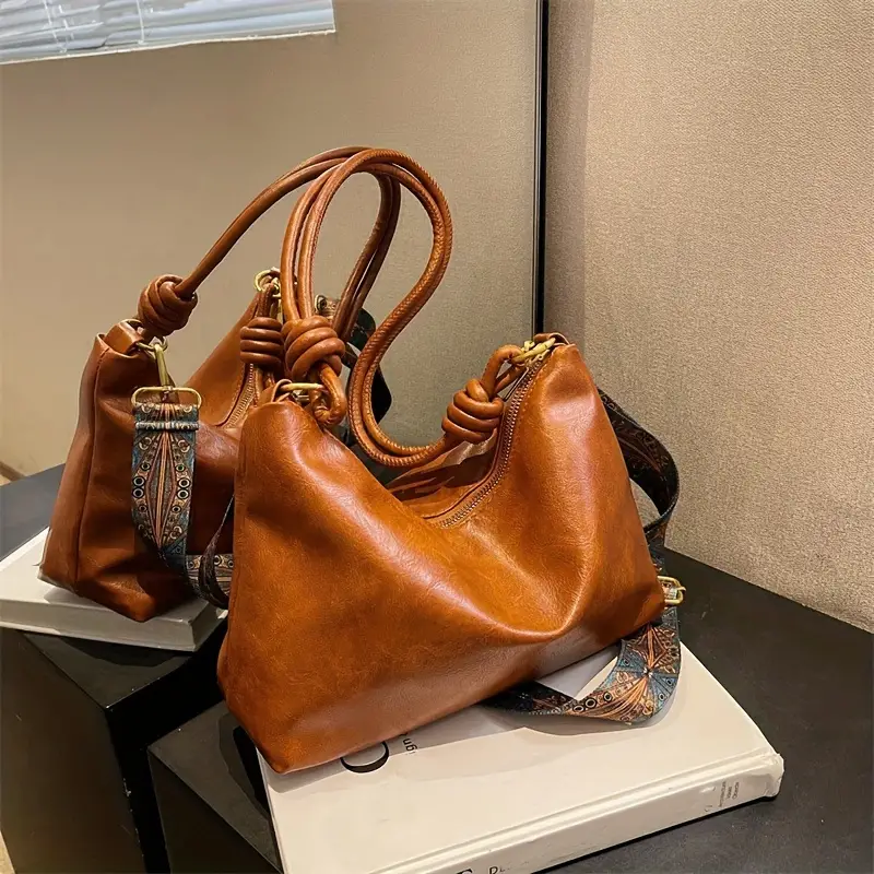 Knotted Vegan Leather Shoulder Bag in Cognac