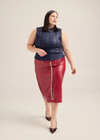 'Leather' Snap Front Midi Skirt in Red