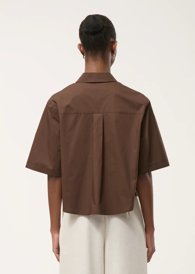 Brown Pleated Cotton Poplin Shirt