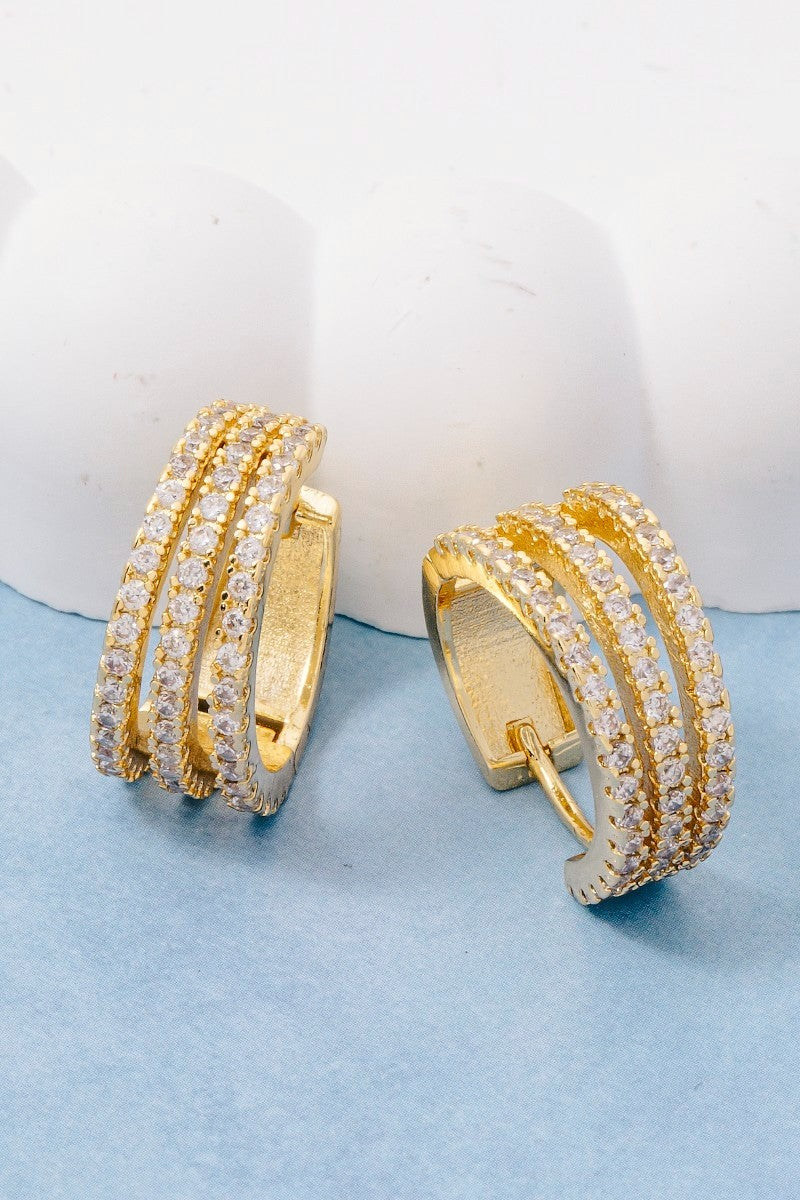 Gold Dipped Cz Pave 3 Row Wide Hoop Earrings