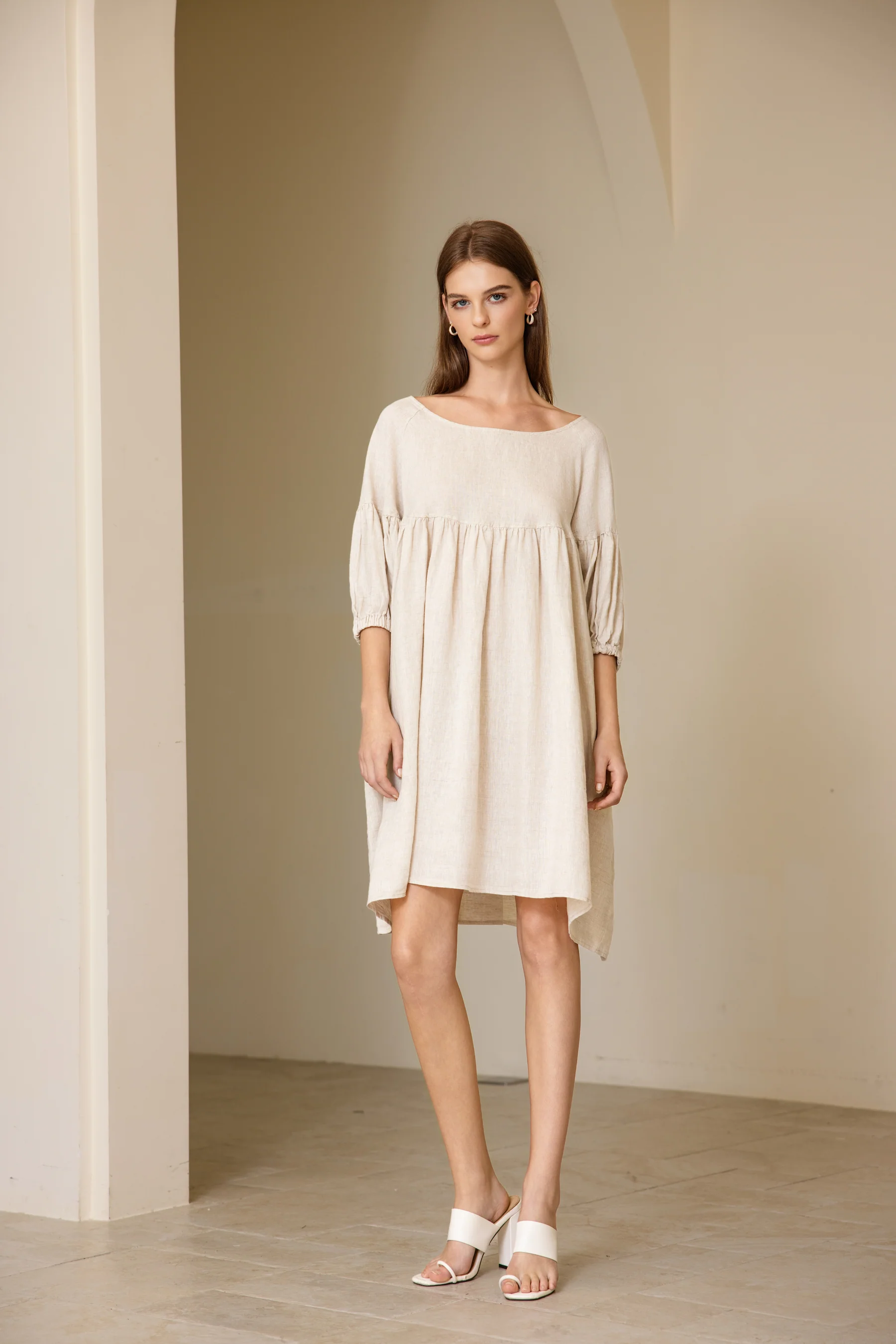 Puffed Sleeve Linen Midi Dress | Sand