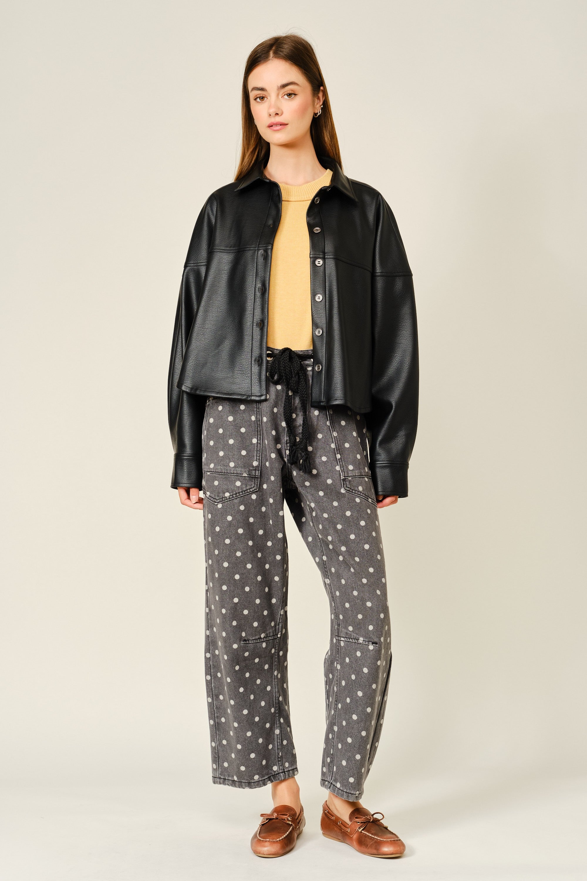 Polka Dot Barrel Denim Pants With Eyelet Waist