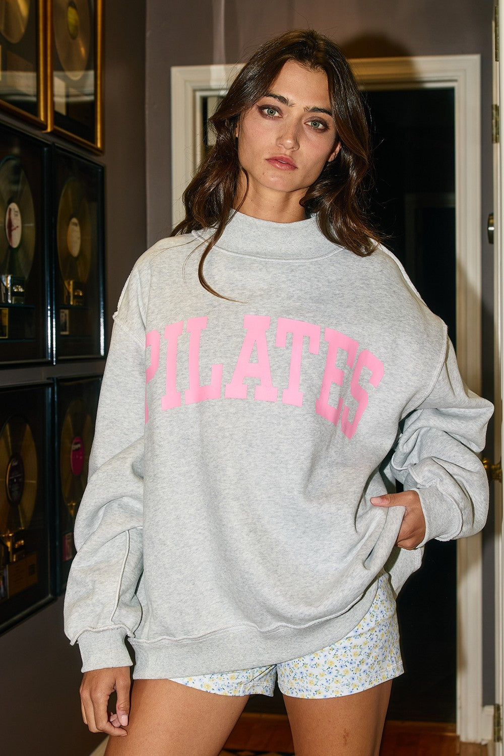 Pilates + Yoga Reversible Graphic Sweater | Heather Grey/Pink
