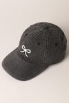 Bow Embroidered Baseball Cap in Washed Black