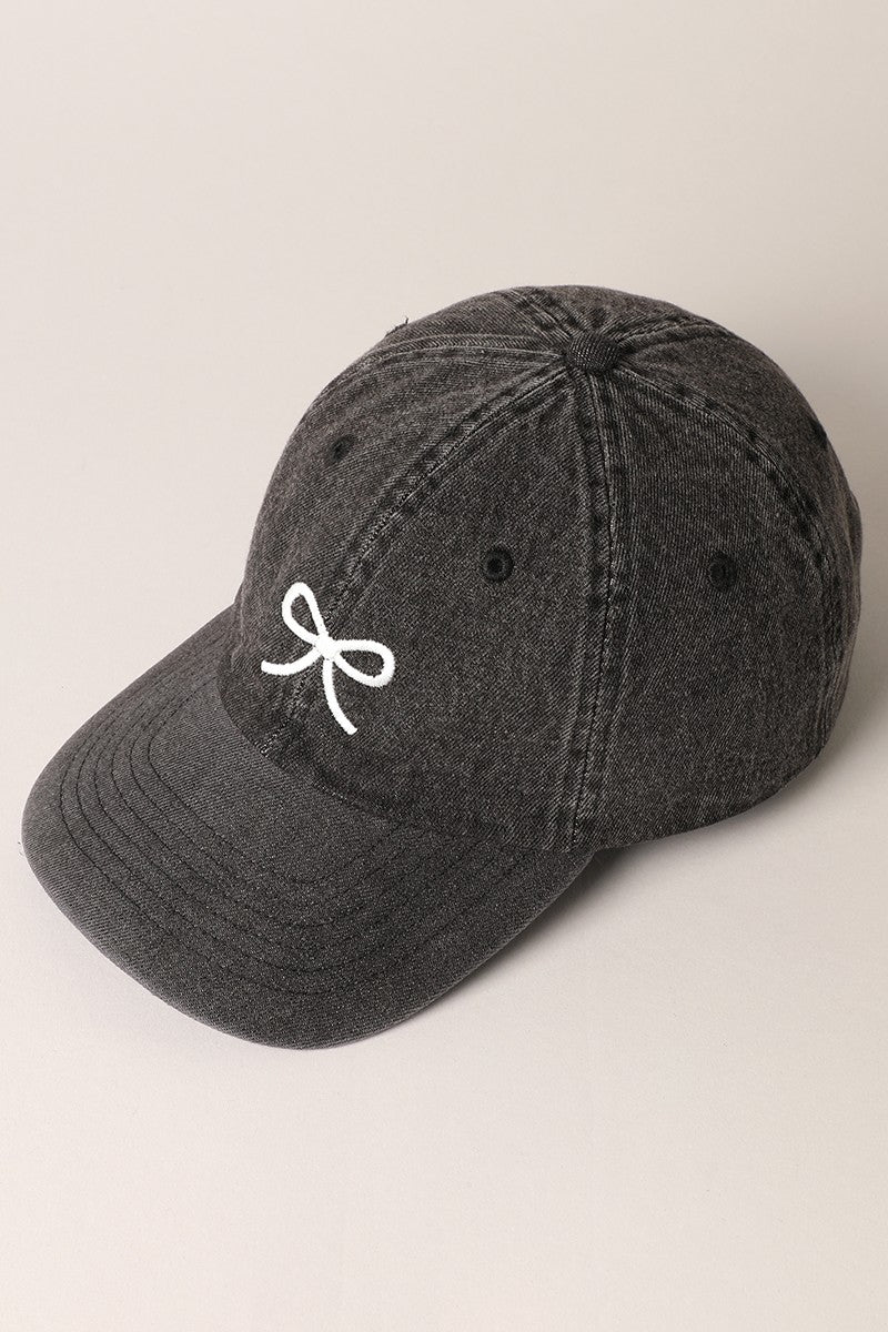 Bow Embroidered Baseball Cap in Washed Black
