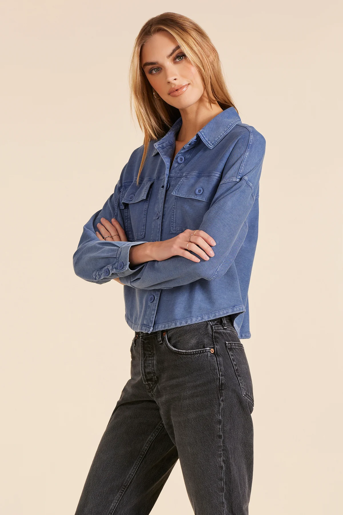 Stacy Button Front Short Shacket | Chambray