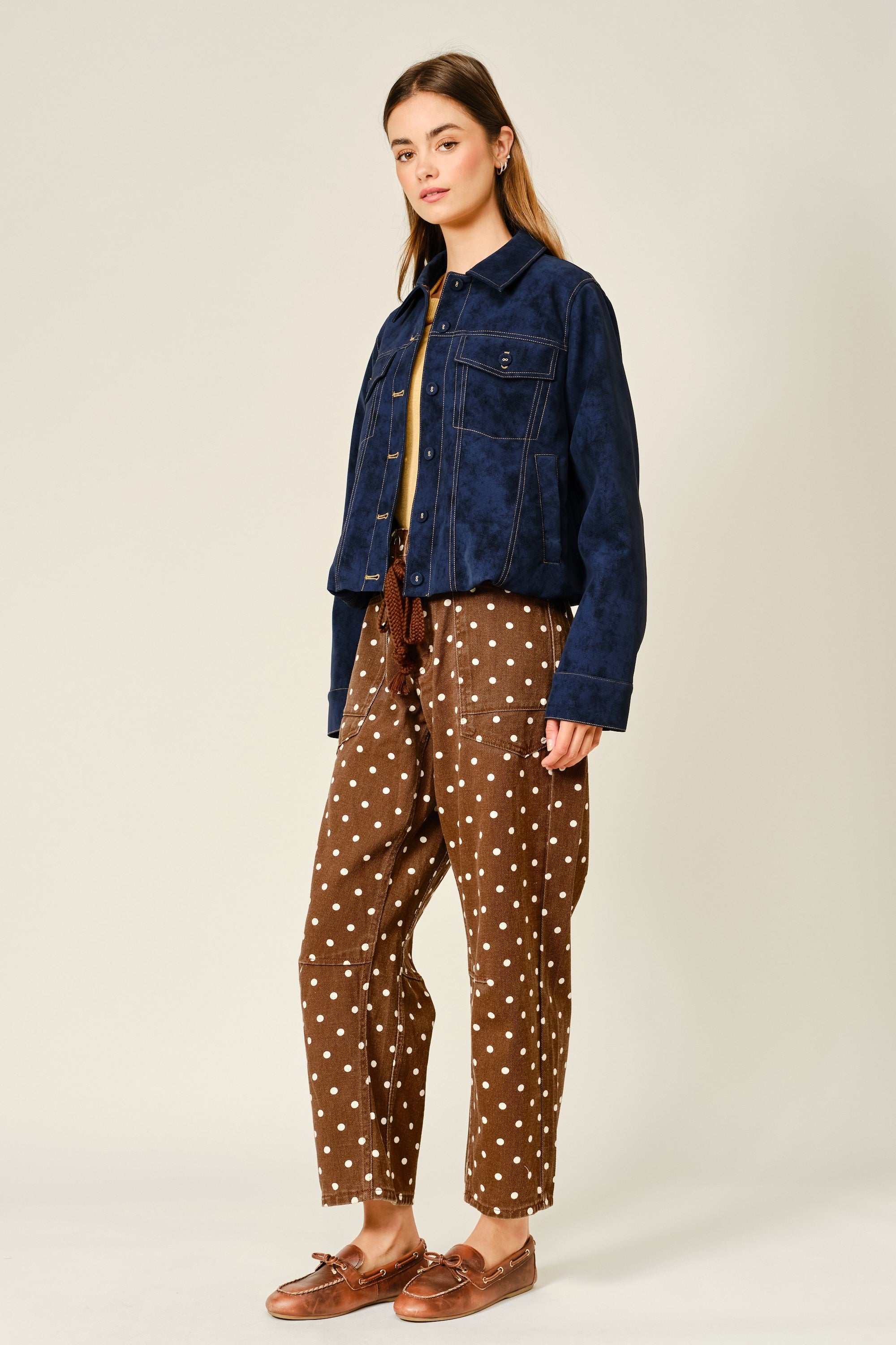 PRE-ORDER Polka Dot Barrel Denim Pants With Eyelet Waist in Brown
