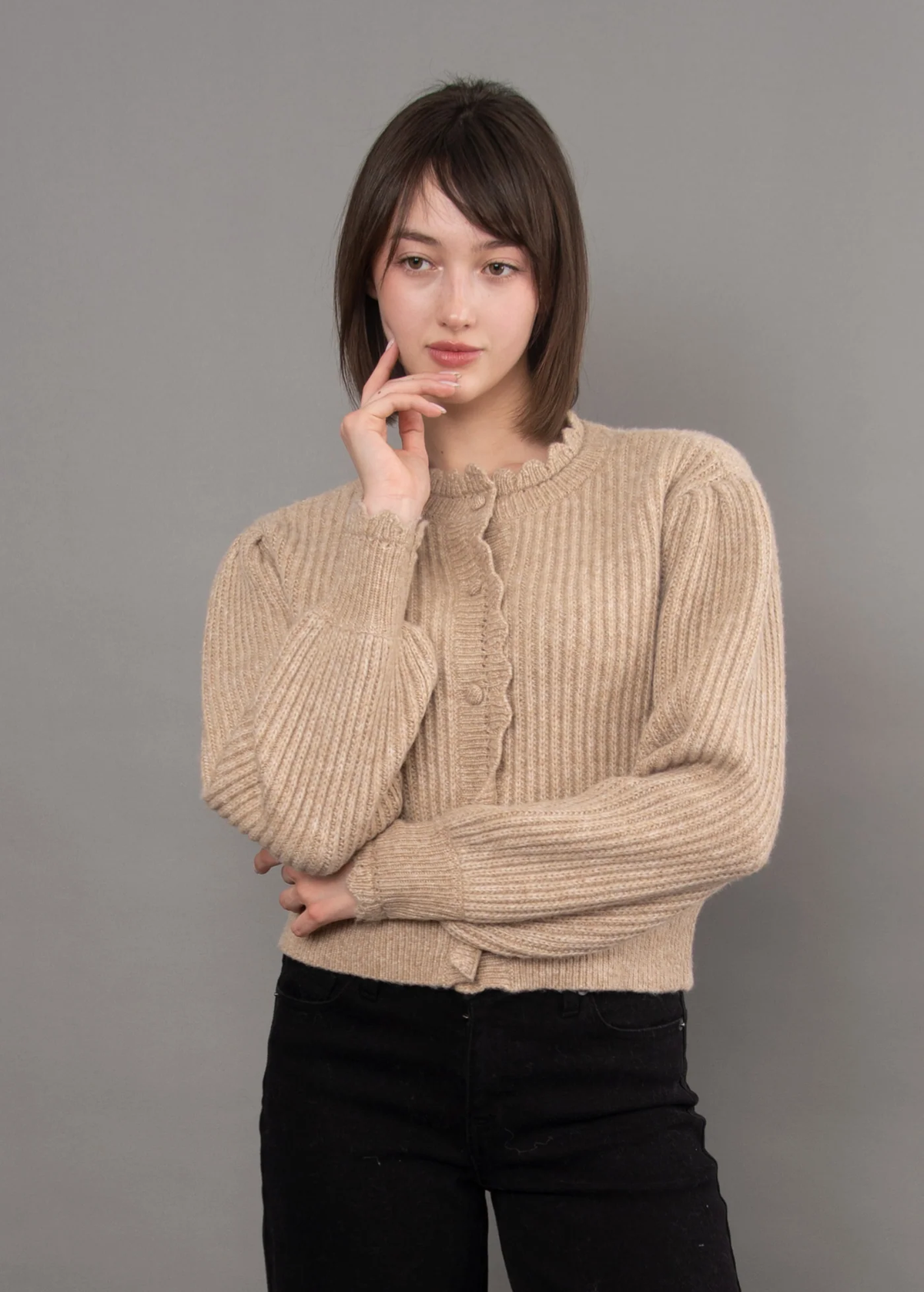 Trudy Scalloped Neck Cardigan | Taupe