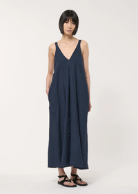 Blue Long Linen Dress With Straps