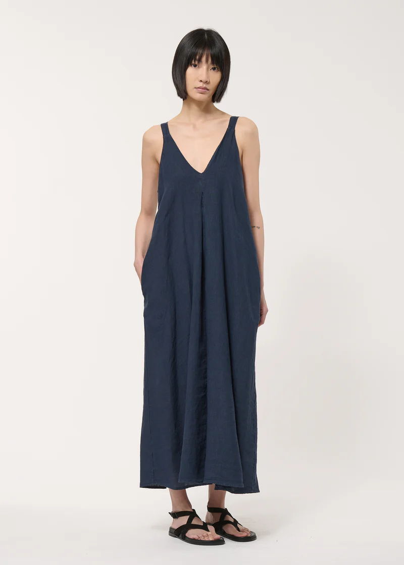 Blue Long Linen Dress With Straps