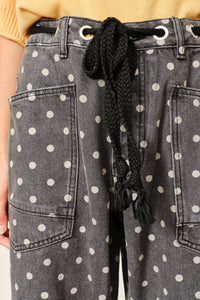 Polka Dot Barrel Denim Pants With Eyelet Waist
