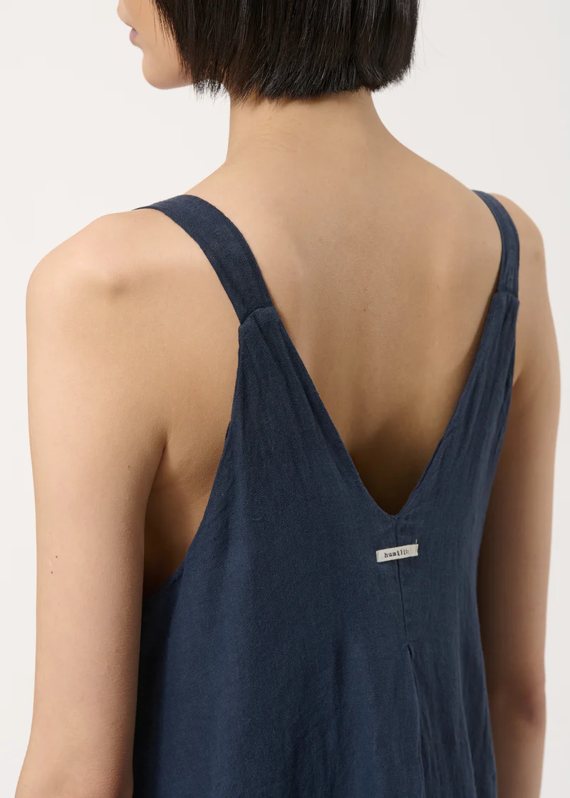 Blue Long Linen Dress With Straps