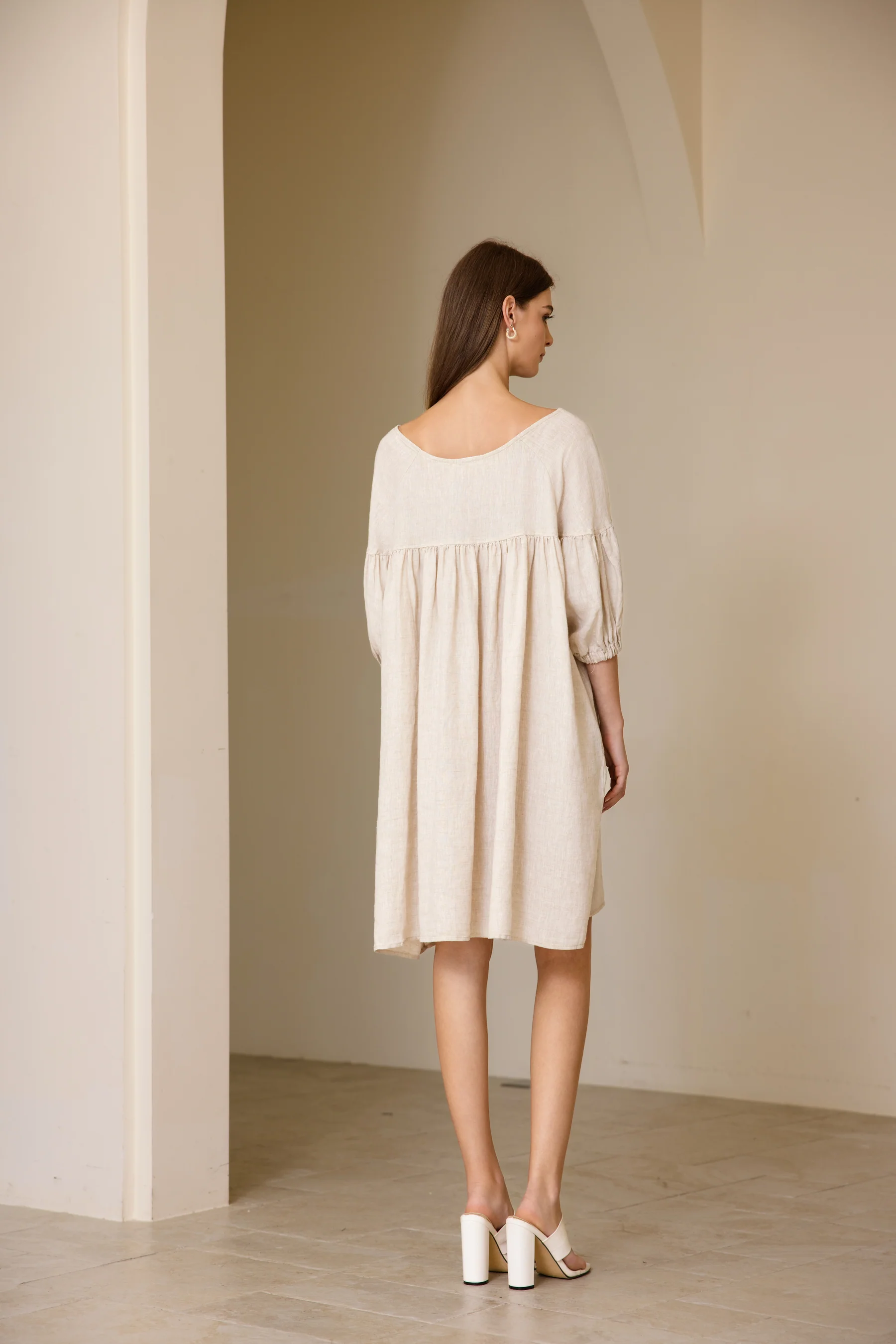 Puffed Sleeve Linen Midi Dress | Sand