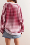 Classic Oversized Striped Crew In Rasberry Combo