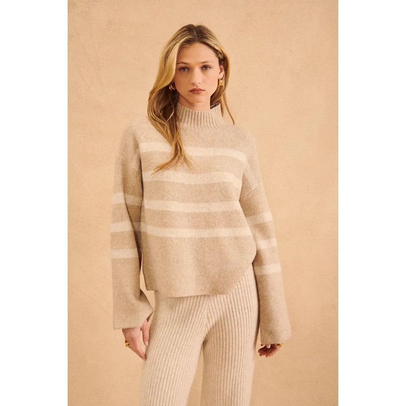 Everett Mock Neck Striped Sweater in Wheatberry