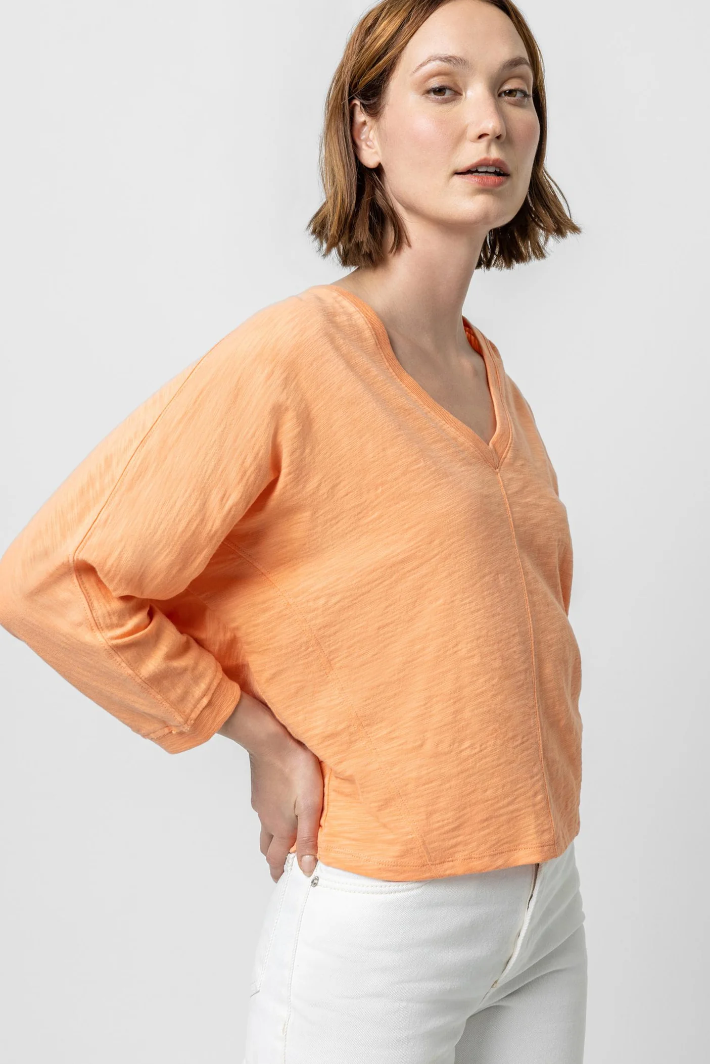 V-Neck Dolman with Seam Detail In Melon