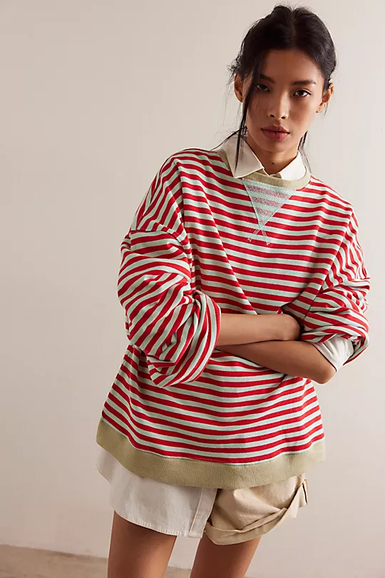 Classic Oversized Striped Crew | Cherry Combo