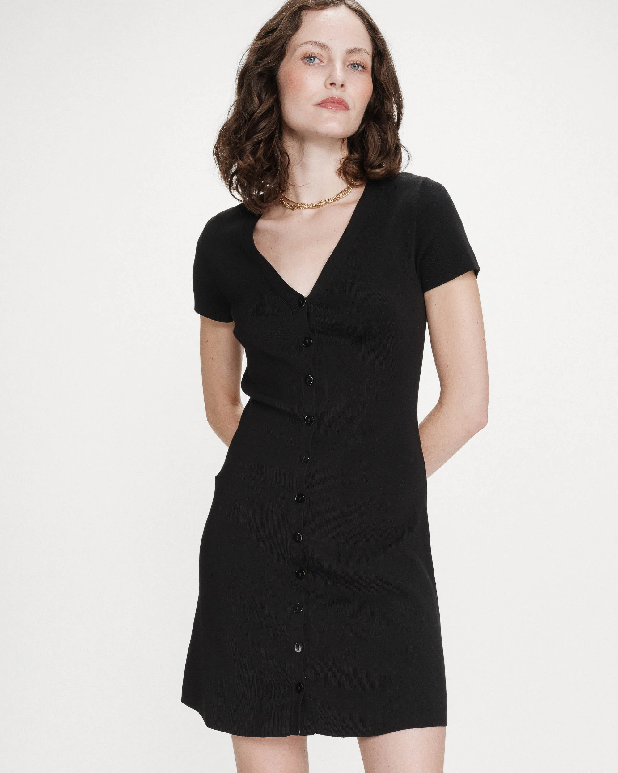 Venezuela Knit V-Neck Buttoned Dress