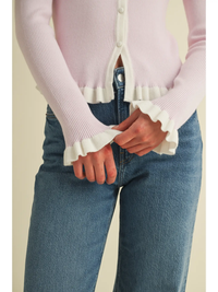 Ribbed Cardigan with Ruffled Trim Color Contrast