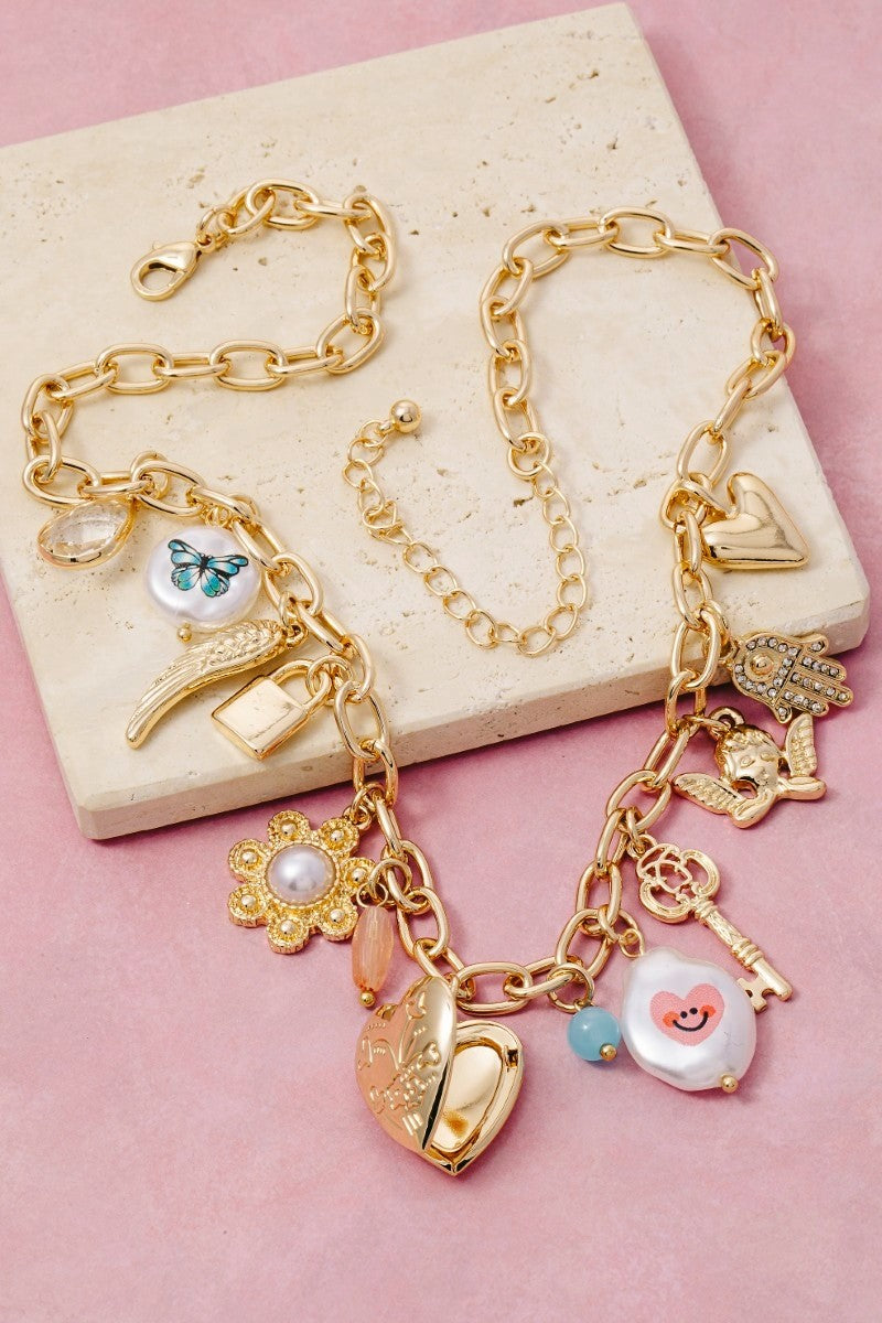 Assorted Charms And Heart Locket Chain Necklace