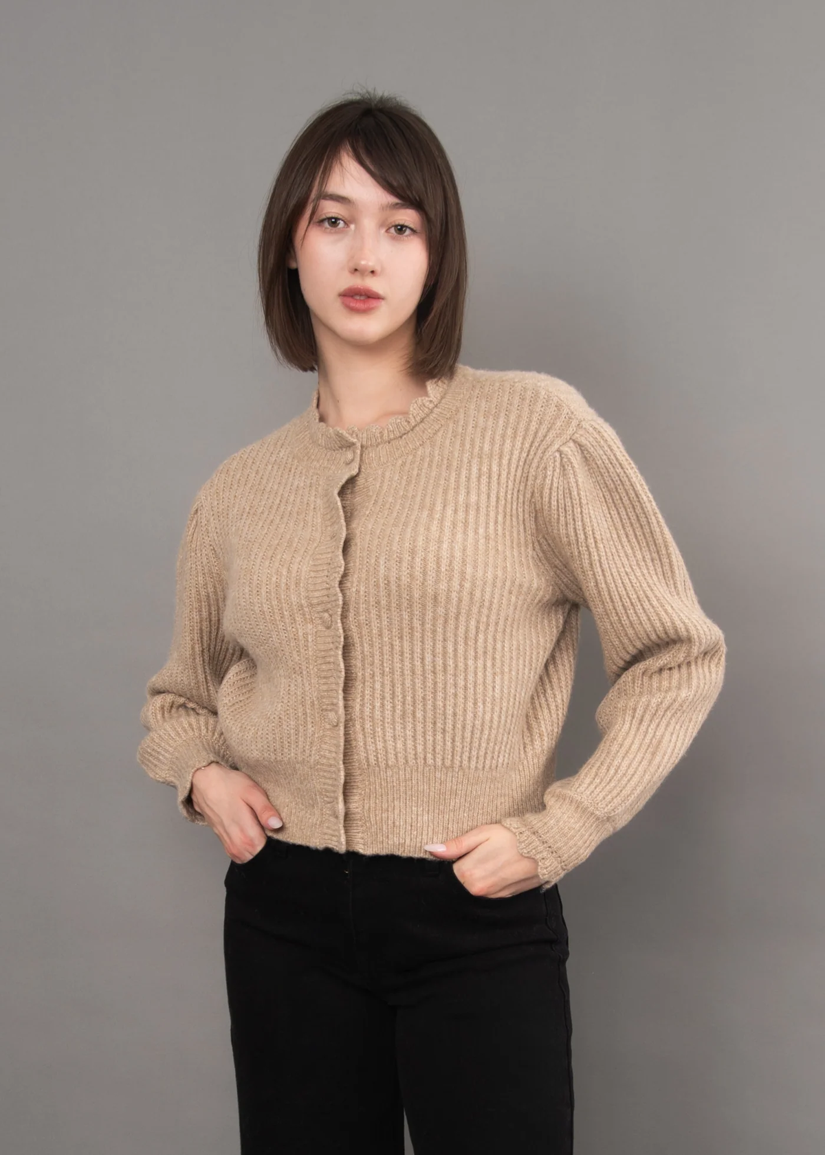 Trudy Scalloped Neck Cardigan | Taupe