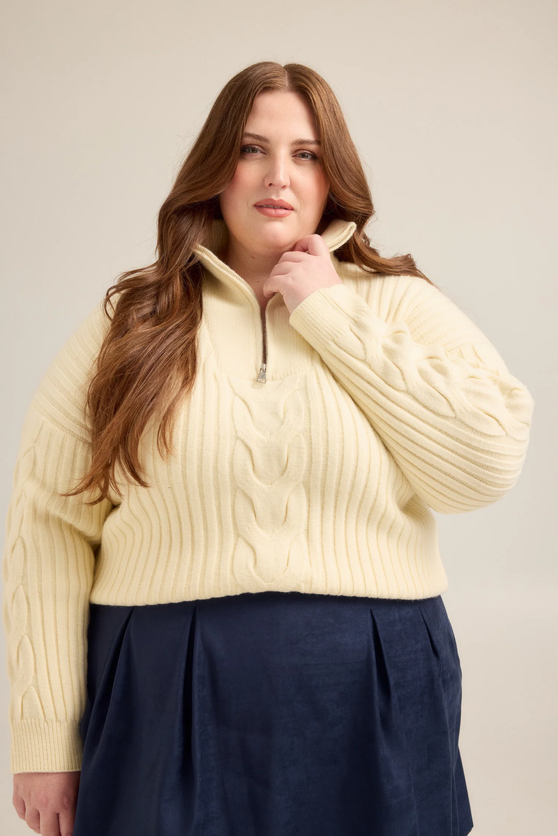 Half Zip Cable Knit Sweater in Winter White