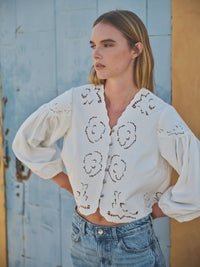 Denim Embroidery Volume Sleeve Top | White