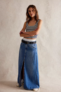 Come As You Are Denim Maxi Skirt With Slit In Sapphire Blue