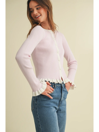 Ribbed Cardigan with Ruffled Trim Color Contrast