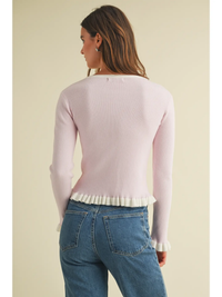 Ribbed Cardigan with Ruffled Trim Color Contrast