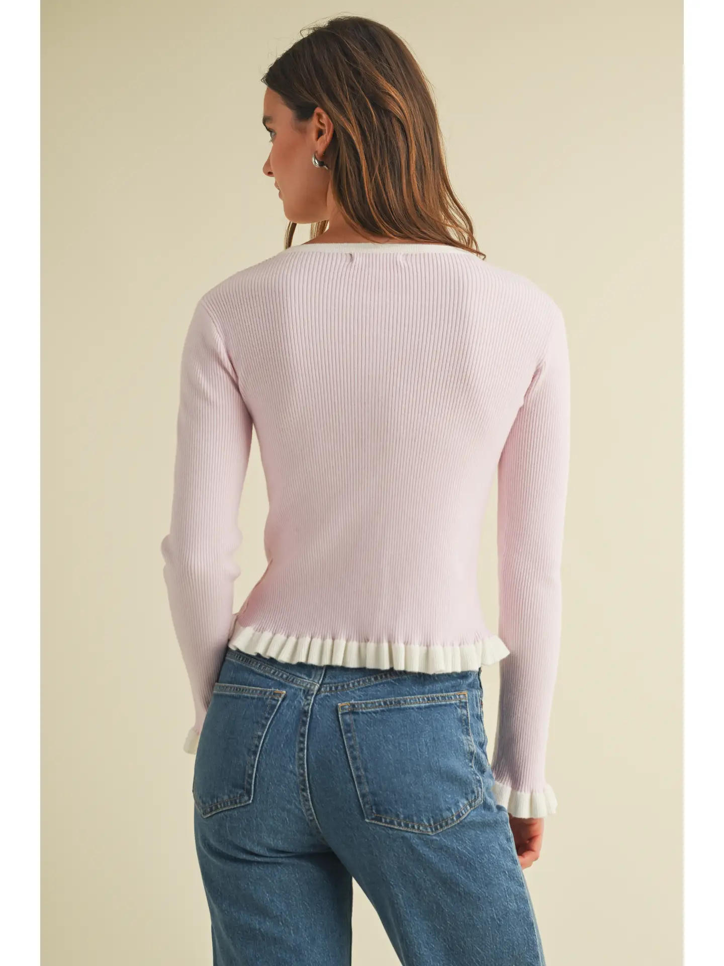 Ribbed Cardigan with Ruffled Trim Color Contrast