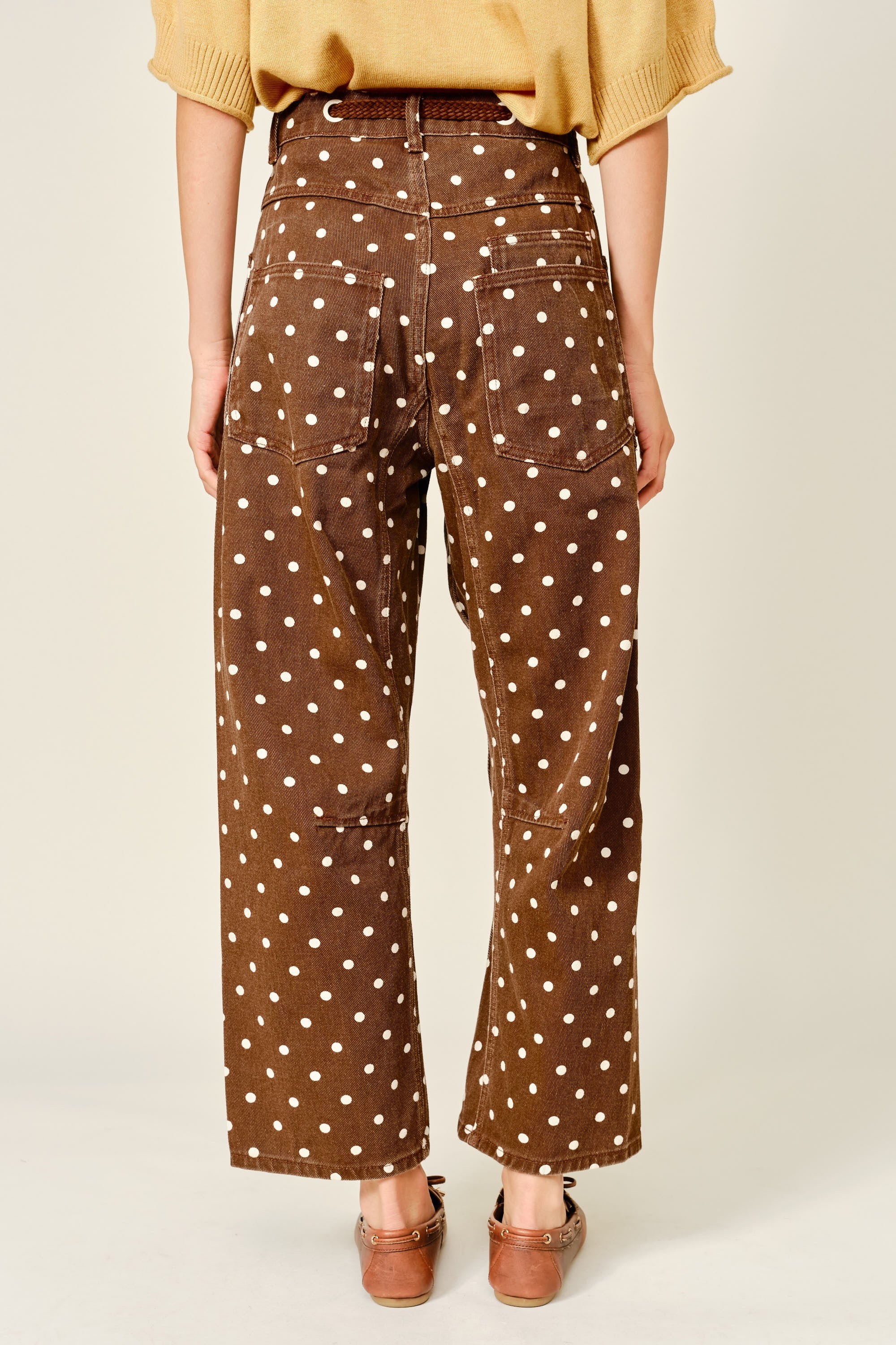 PRE-ORDER Polka Dot Barrel Denim Pants With Eyelet Waist in Brown