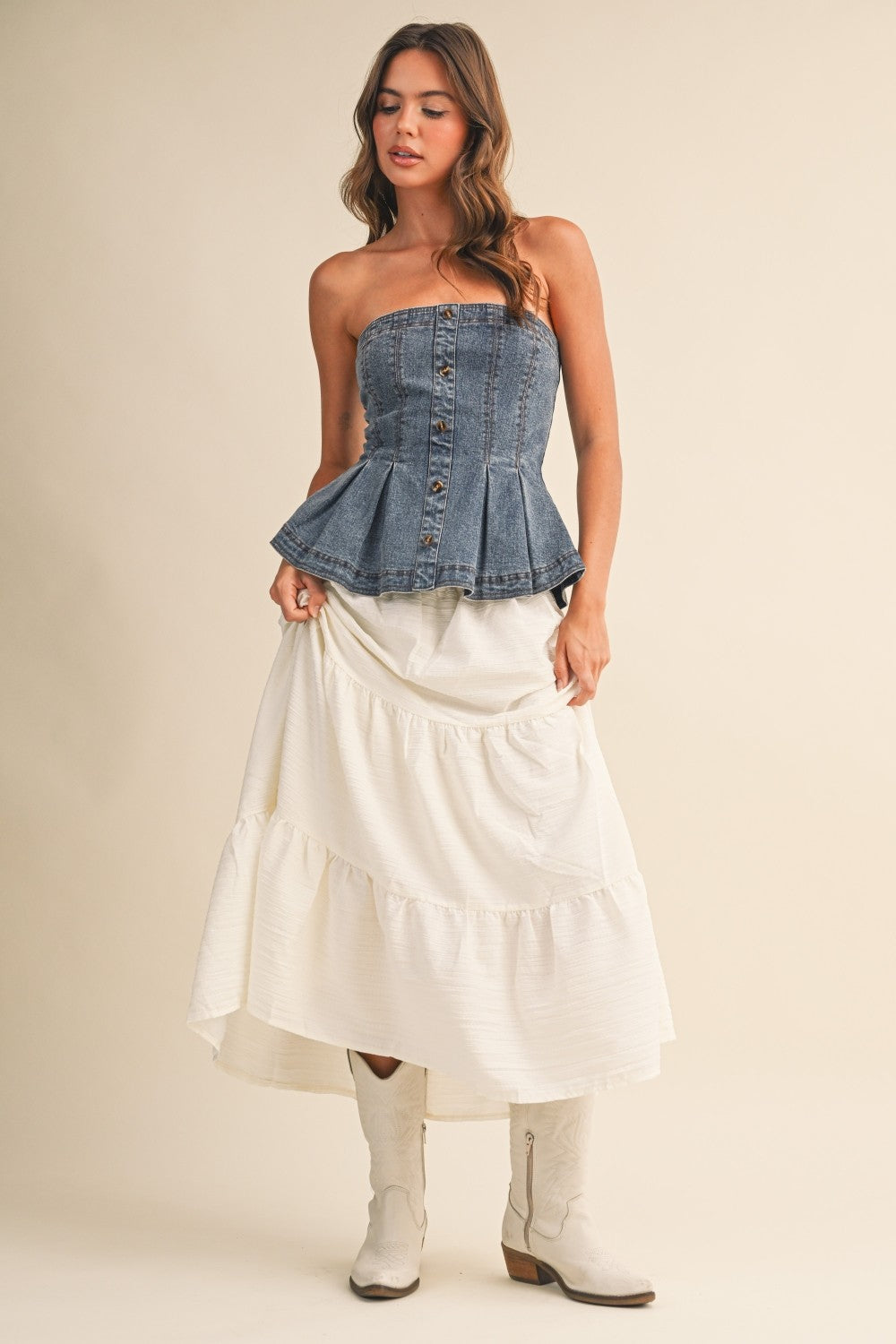 Denim Strapless Pleated Peplum Top