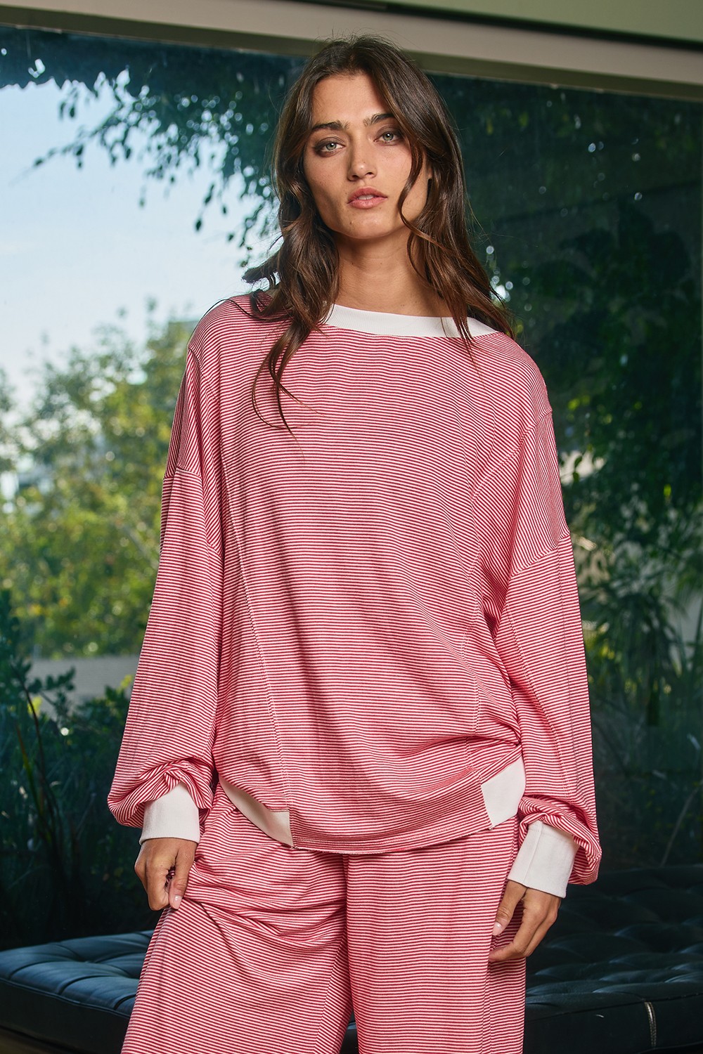 Reversible Twist Front Striped Knit Top