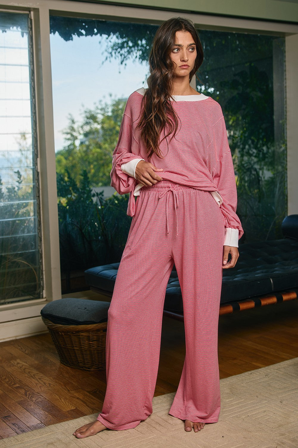 Striped Wide Leg Lounge Pant in Red Stripe