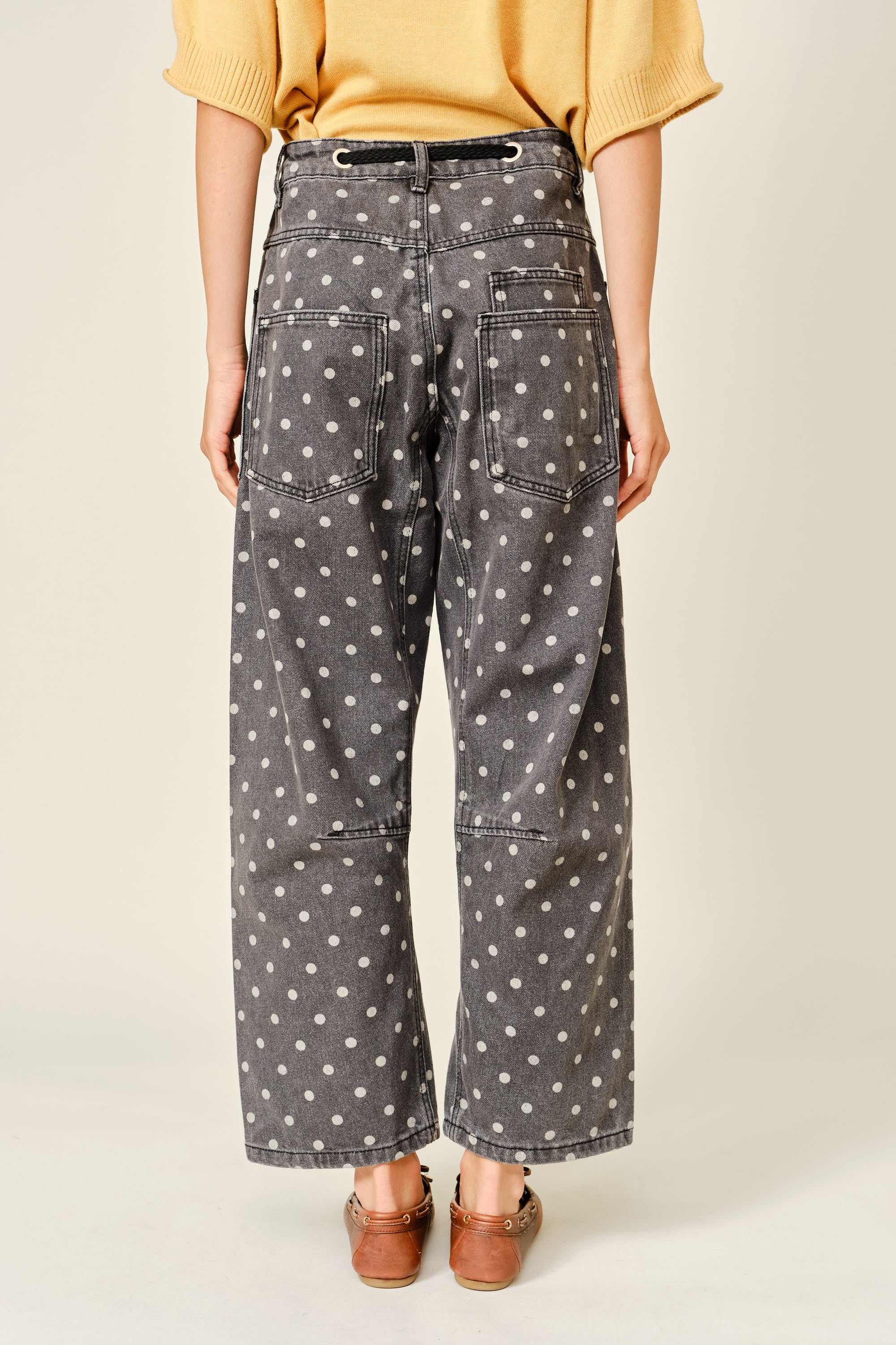 Polka Dot Barrel Denim Pants With Eyelet Waist
