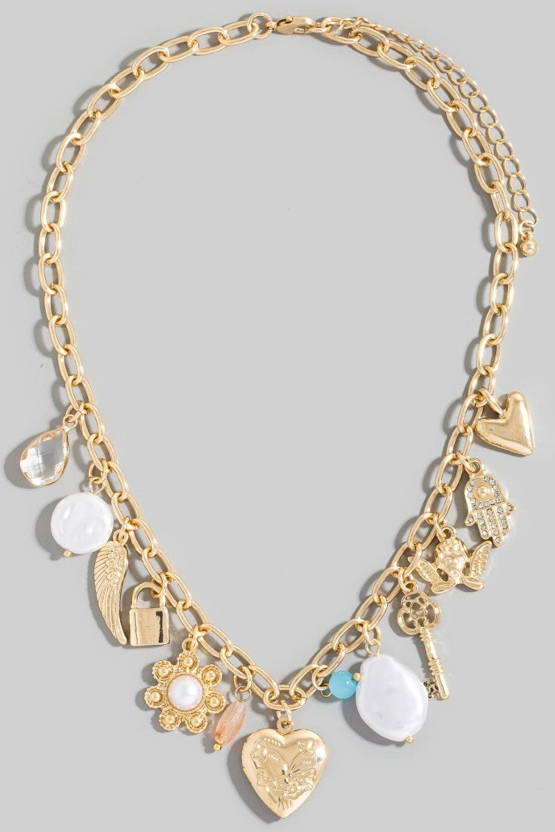 Assorted Charms And Heart Locket Chain Necklace