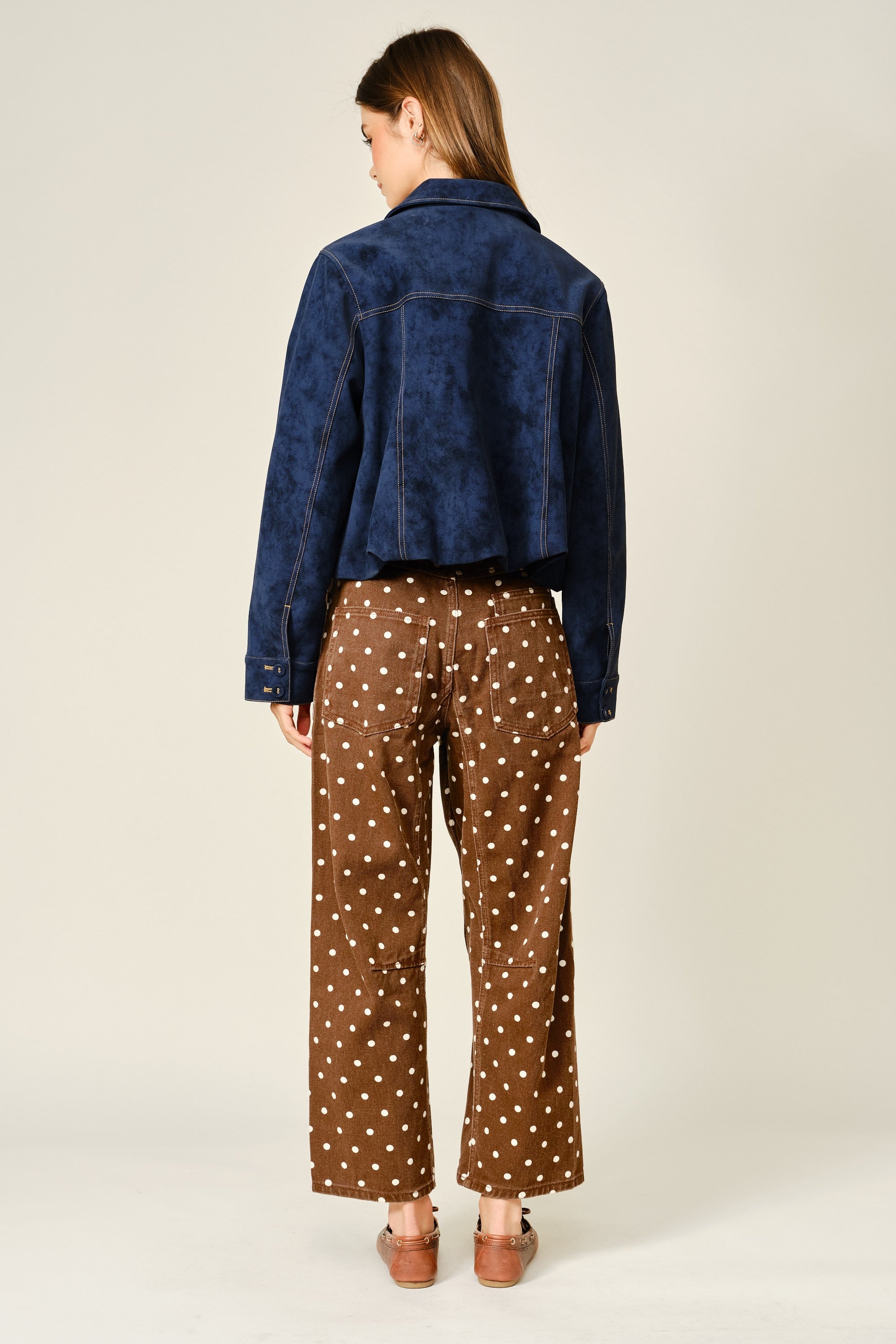 PRE-ORDER Polka Dot Barrel Denim Pants With Eyelet Waist in Brown