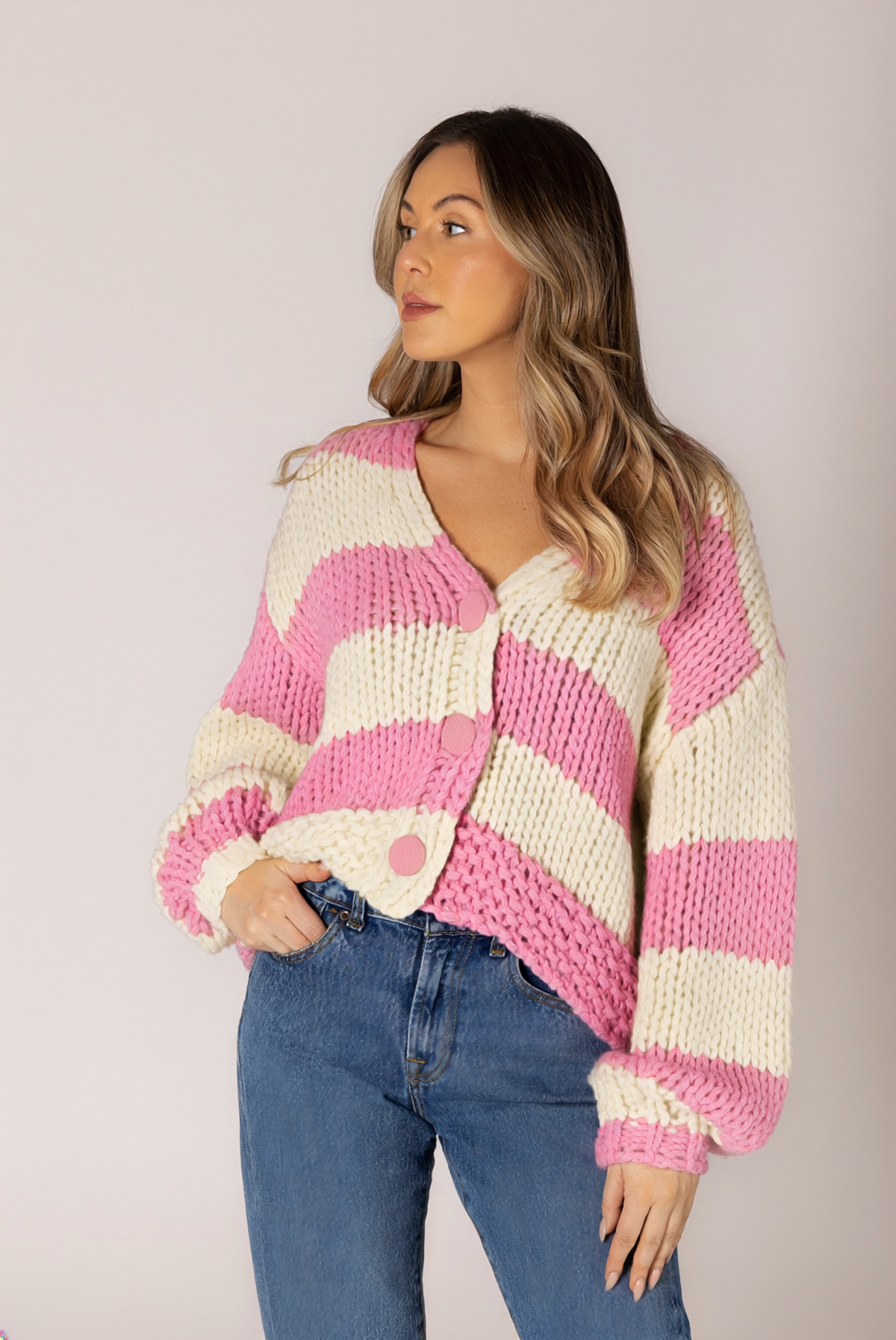 Leelee Hand Knit Cardi in Pink/Beige
