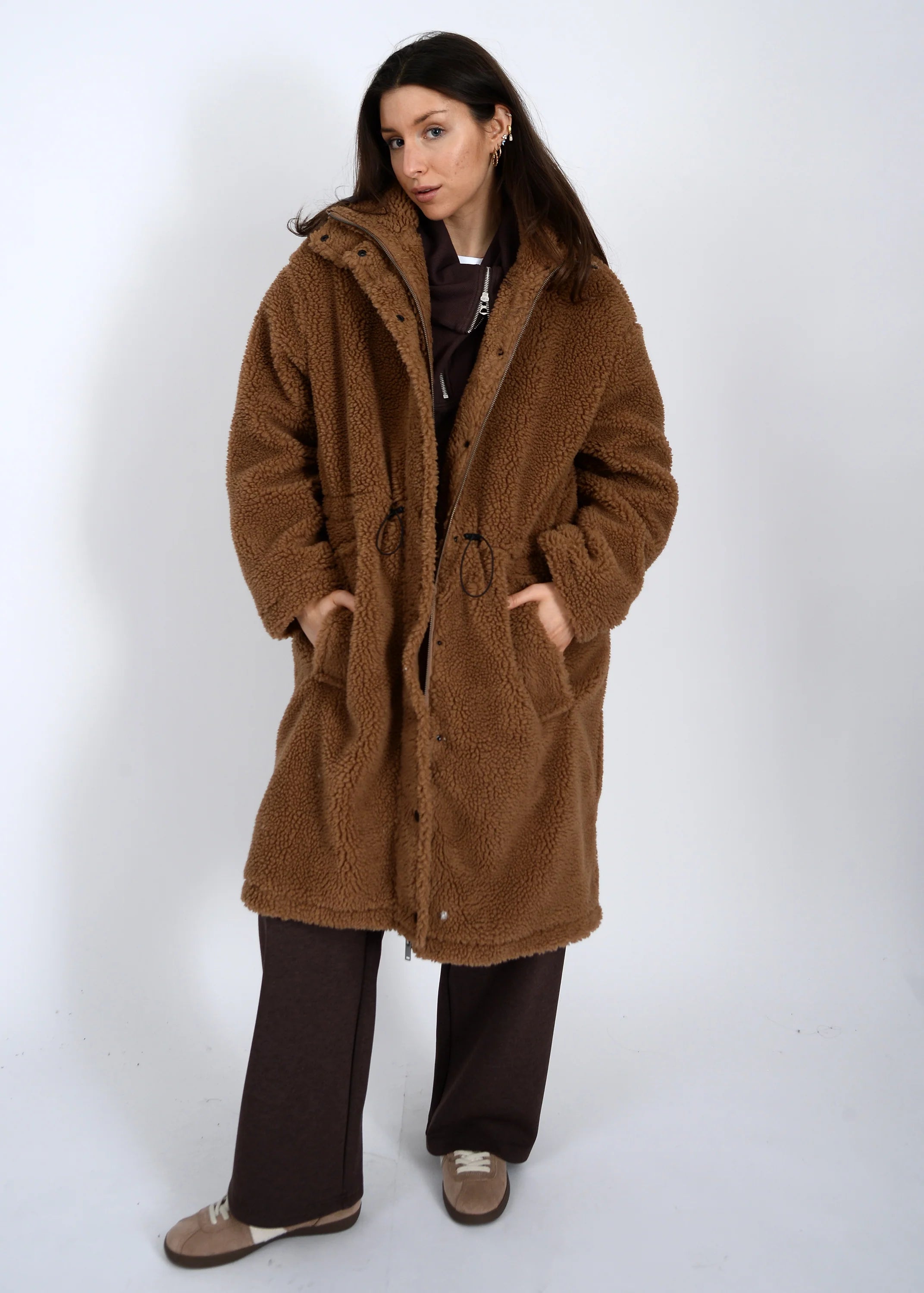 Mila Long Sherpa Jacket in Caramel
