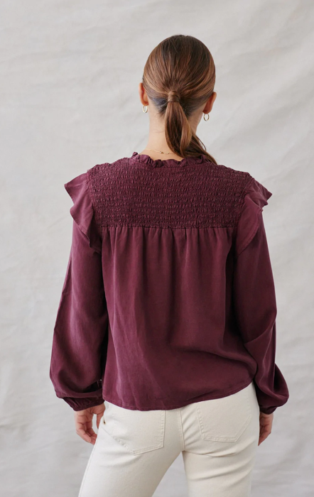 Long Sleeve Smocked Ruffle Pullover in Wildberry