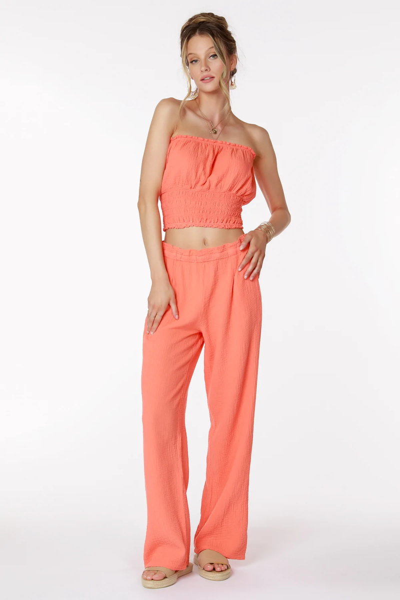 Paper Bag Waist Wide Leg Pant in Hot Coral